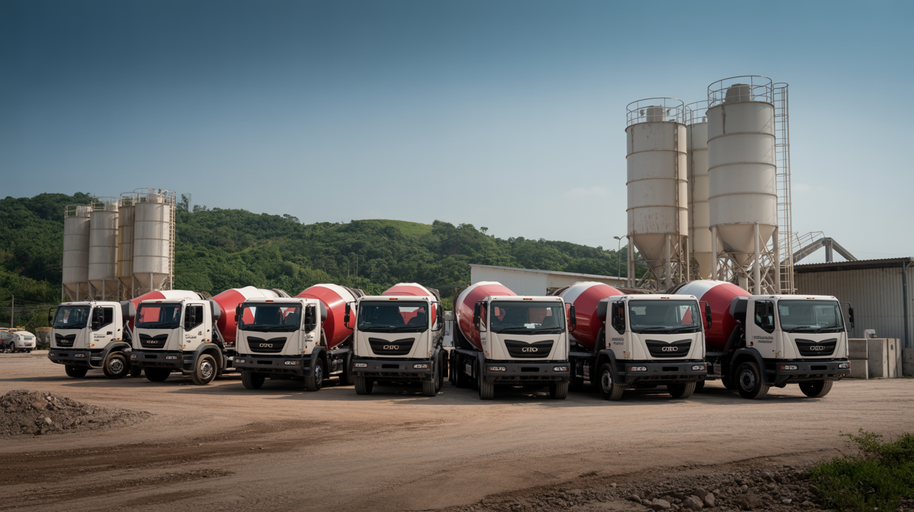 Frota de caminhões betoneira e usina de concreto da Concrerodo em Casca RS